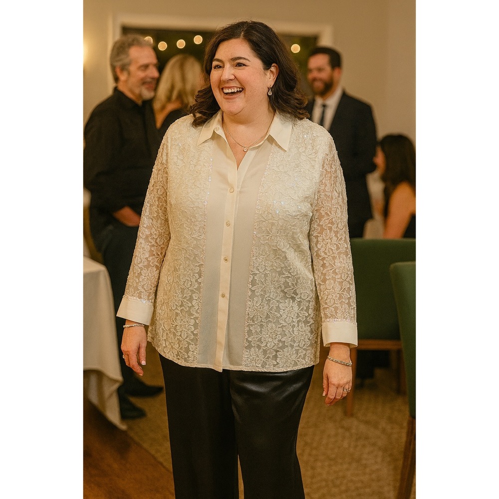 Diane Gilman 1X Ivory Silk Lace Sequin Top Elegant Party Glam Old Money Bridal‎